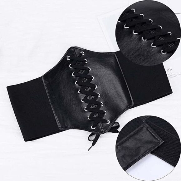 Wide Lace-Up Elastic Waist Tied Black Corset Belt NEW SIZE L - Picture 9 of 15